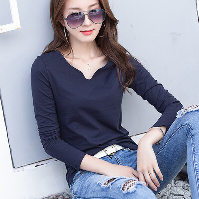 

2018 spring&summer new solid color V-neck T-shirt womens cotton long-sleeved shirt