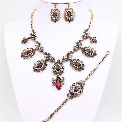 

Luxury Turkey Flower Jewelry Sets Women Hook Earring Resin Necklace Crystal Bracelet Antique Gold Color Bridal Wedding Bijoux
