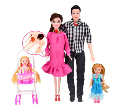 

Toys Family 5 People Dolls Suits 1 Mom /1 Dad /2 Little Kelly Girl /1 Baby Son/1 Baby Carriage Real Pregnant Doll Gifts