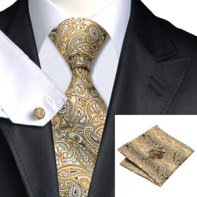 

N-0271 Vogue Men Silk Tie Set Yellow Paisley Necktie Handkerchief Cufflinks Set Ties For Men Formal Wedding Business wholesale