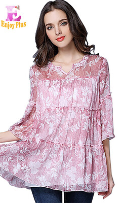 

L XL XXL 3XL 4XL 5XL plus size chiffon elegant summer 2018 long pink print blouse women flower big size 34 sleeve top loose