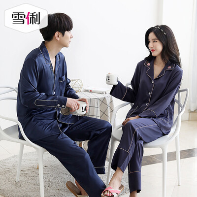 

Snowy spring long-sleeved couple pajamas luxury loose women South Korea silk home service thin section mens cardigan suit mens blue XXL