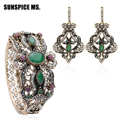 

Vintage Turkish Women Flower Love Bangle Cuff Long Hook Dangle Earrings Antique Gold Color India Resin Wedding Jewelry Sets Gift
