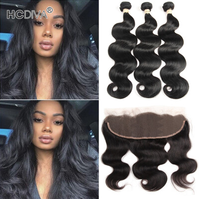 

HCDIVA Indian Virgin Hair Body Wave Lace Frontal with 3 Bundle Hair Natural Black India Body Wavy Human Hair Bundle with Frontal