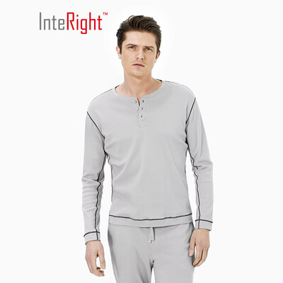 

INTERIGHT home service mens cotton Henry collar long-sleeved shirt pajamas home service navy blue XL