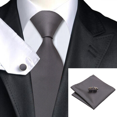 

N-0311 Vogue Men Silk Tie Set Grey Solid Necktie Handkerchief Cufflinks Set Ties For Men Formal Wedding Business wholesale