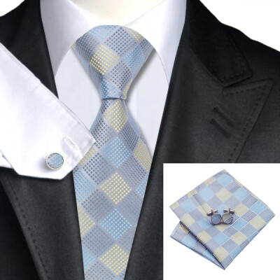 

N-1025 Vogue Men Silk Tie Set Gray Plaid Necktie Handkerchief Cufflinks Set Ties For Men Formal Wedding Business wholesale