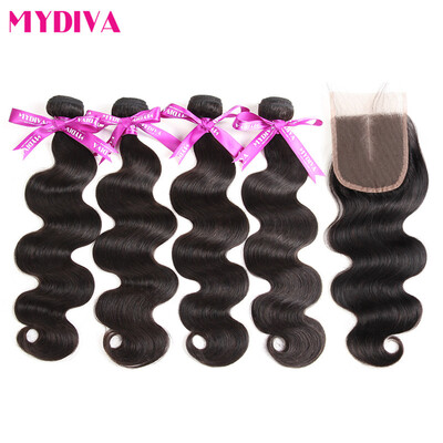 

Mydiva Brazilian Body Wave Human Hair 4 Bundle With Closure Middle Part Hair Weave Bundles With Lace Closure 5pcslot Non Remy