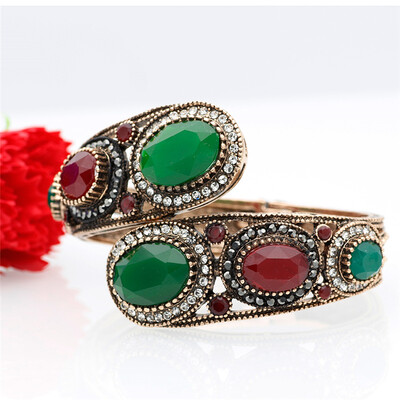 

Fashion Turkish Women Big Resin Blue Vintage Bangle Bracelets Antique Gold Color Cuff Jewelry Round Crystal Ethnic Retro Bijoux