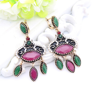 

Ethnic Turkish Women Blue Resin Long Drop Hook Earrings Arab Jewelry Antique Gold Color Vintage Earrings India Bridal Jewelry