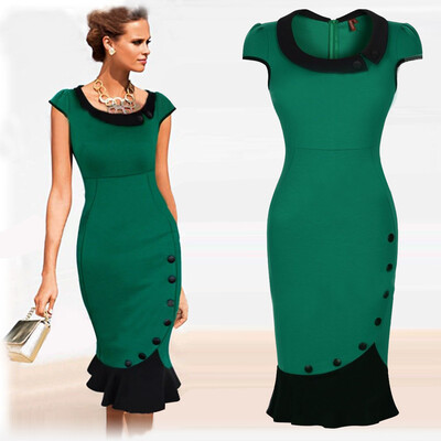

Lovaru ™Mermaid Button 2015 Winter Sleeve red New Vintage dress V neck formal evening party bodycon office Midi dress