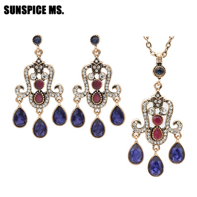 

Elegent Turkish Women Long Flower Necklace Earring Jewelry Sets Antique Gold Color Resin Ethnic Jewelry Indian Vintage Bijoux