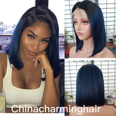 

bob lace front wig For Black Women ombre 1b blue Brazilian Human Hair Wigs Silk Straight Human Hair Wigs With Baby Hair