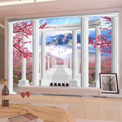 

Custom 3D Wall Mural Peach Blossom Flowers Field Photo Wallpaper 3D Space Window Views Bedroom TV Background Wall Contact Papers