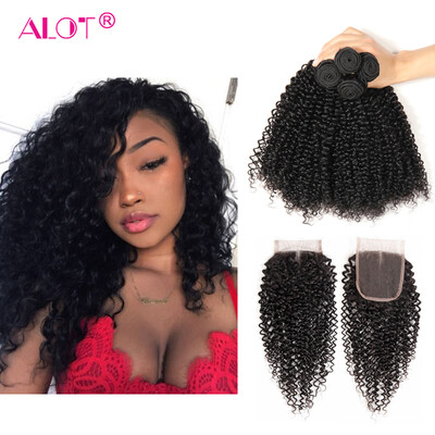 

Alot Malaysian Remy Hair Extension Kinkly Curly 4 Bundles с 1 кружевным застежкой для волос