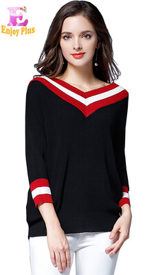 

XL XXL 3XL 4XL 5XL plus size casual new autumn 2017 women sweater&pullover big size 34 sleeve black v neck striped female