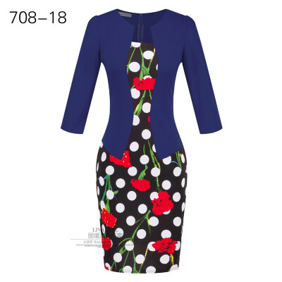 

Women Work Dress Longsleeve Spring new European station grid Pencil Skirt fake two Professional dress L13