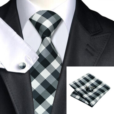 

N-0384 Vogue Men Silk Tie Set Plaids & Checks Necktie Handkerchief Cufflinks Set Ties For Men Formal Wedding Business wholesale