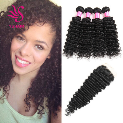 

YS HAIR Deep Wave Peruvian Virgin Hair 4 Bundles with Free Part Lace Closure Unprocessed Human Hair Natural Black Color