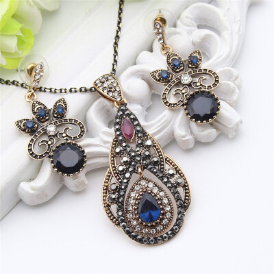 

New Style Turkish Jewelry Sets Flower Resin Earrings Pendant Necklace Women Color Rhinestone Ethnic Jewelry Indian Ladies Bijoux