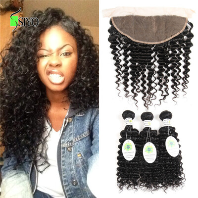 

8A Brazilian Deep Curly 3 Bundles With Frontal Closure Ear To Ear Lace Frontal With Bundles Brazilian Virgin Hair With Lace Fronta