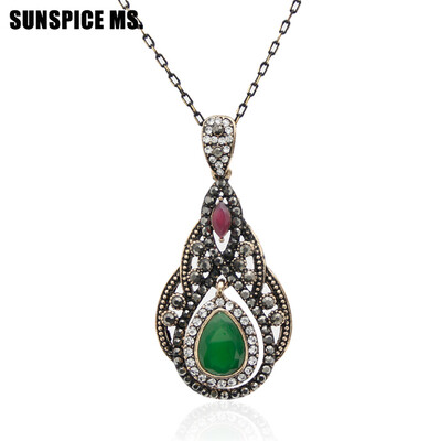 

Ethnic Turkish Women Vintage Flower Necklaces Antique Gold Color Water Drop Pendant Red Resin Thin Chain Indian Wedding Jewelry
