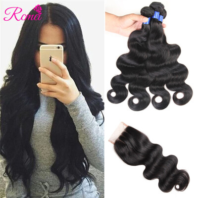 

Rcmei 8A Hair Brazilian Hair Body Wave Bundles With Lace Closure MiddleFree Three Part 4 Bundles Weave With Lace Closrue