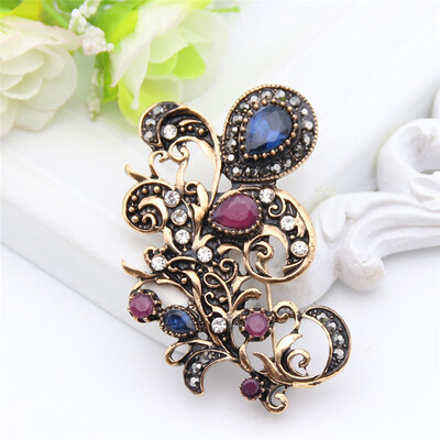 

Vintage Turkish Women Tulips Flower Resin Brooch Pins Antique Gold Color Curly Arabesque Broches Jewelry Mellow Hijab Lapel Pin