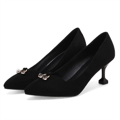 

plus size 34-44 2018 Women Bling Crystal Pumps Nubuck Leather Cat High Heel Woman Pointed Toe Slip On Black Ladies Wedding Shoes