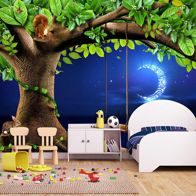 

Custom 3D Stereo Cartoon Mural Wallpaper Green Tree Moon Landscape Fresco Kids Bedroom Eco-Friendly Non-Woven Wallpaper For 3 D