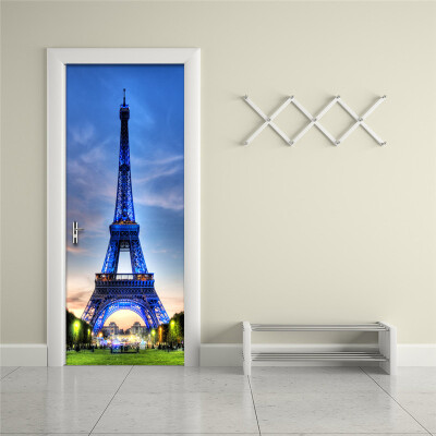 

3D Blue Sky Iron Tower Wall Sticker DIY Mural PVC Waterproof Door Wallpaper Home Decor 3D Door Stickers Wall Paper 77cmx200cm