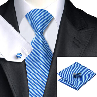 

N-1204 Vogue Men Silk Tie Set Blue Stripe Necktie Handkerchief Cufflinks Set Ties For Men Formal Wedding Business wholesale