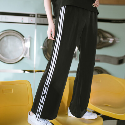 

PASS tide brand spring wide leg pants female side stripe trousers split sweat pants loose silk casual pants 6811921072 black L