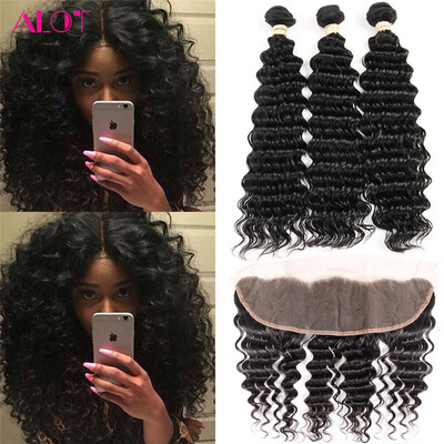 

ALOT Ear to Ear Lace Frontal Closure with Bundles 3 Bundles Дешевые индийские человеческие волосы Глубокая волна с закрытием