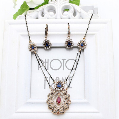

Vintage Women Flower Jewelry Sets Turkish Long Necklace Resin Drop Earring Antique Gold Color India Peacock Bridal Jewelry Sets