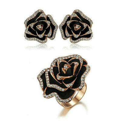 

Yoursfs® 18K Rose Gold Plated Gilt-edged Black Painting Rose Earring and Ring Set Use Austrian Crystal Bridal Jewelry Set