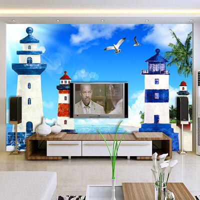 

Custom Photo Mural Mediterranean Style Blue Sky White Clouds Lighthouse Living Room TV Backdrop Decorative Pictures Wallpaper 3D