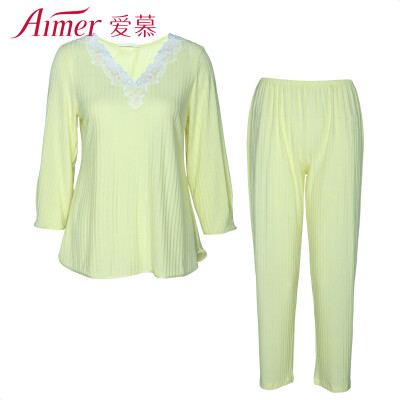 

Amour underwear Shu enjoy garden Modal V-neck long-sleeved avatar ladies pajamas home service two-piece suit thin section AM460351 lemon yellow 160M