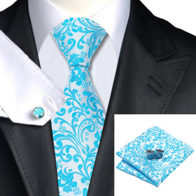 

N-1080 Vogue Men Silk Tie Set Blue Novelty Necktie Handkerchief Cufflinks Set Ties For Men Formal Wedding Business wholesale