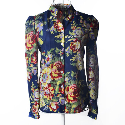 

Women spring Printing Flower Sexy floral beautiful colorful collar long-sleeved shirt L34