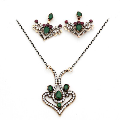 

Vintage Turkish Women Heart Necklace Flower Earring Jewelry Sets Antique Color Tulip Flower Pendant Necklace Adjustable Earrings