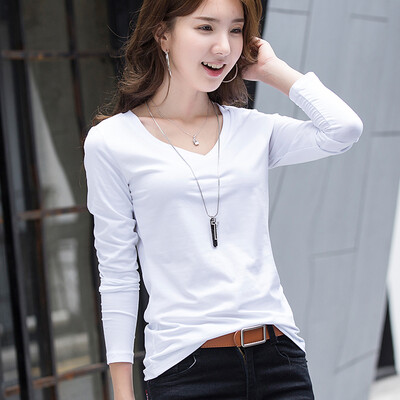 

2018 spring&summer new solid color V-neck T-shirt long sleeve cotton primer shirt