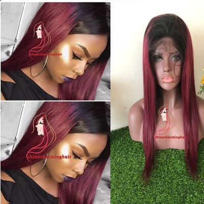 

Full Lace Human Hair Wigs Peruvian Virgin Hair Ombre T1B 99J 130 Density Silky Straight 130 Density With Baby Hair Lace Front Wigs