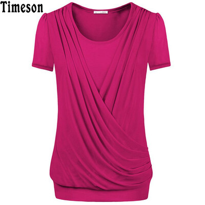 

Timeson 2018 Summer Tops Front Fold Women Short Sleeve T-shirt Casual Plus Size Female Knitted Stretch Solid Tee