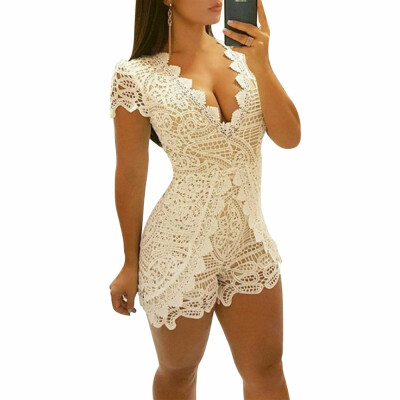 

Fashion Lace Short Jumpsuits For Women Summer Sexy V-neck Short Sleeve Bodysuit Party Elegant Overalls Macacao Feminino 4 Color