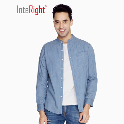 

INTERIGHT casual shirt male oxford stand collar denim long sleeve shirt light blue XL