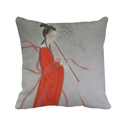 

Flute Red Beauty Chinese Painting Polyester Toss Throw Pillow Square Cushion Gift