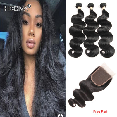 

HCDIVA Indian Virgin Human Hair Bundle with Closure Body Wave 3 Pcs Hair with Lace Closure 130% Density with Baby Hair