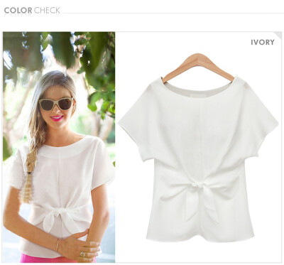 

Women summer Short Sleeve Solid Color Chiffon Blouse T-shirt sexy Fashion Bow tie L28