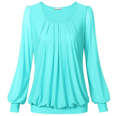 

Women TShirt Long Sleeve O-Neck Front Pleated Pullover Candy Color Scoop Crew Pleated Stretch Slim T-shirts Femme Plus Size Tops